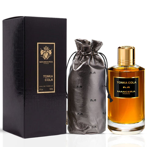 Mancera Tonka Cola Eau de Parfum Spray 120ml bottle with black and gold packaging, showcasing the elegant design.
