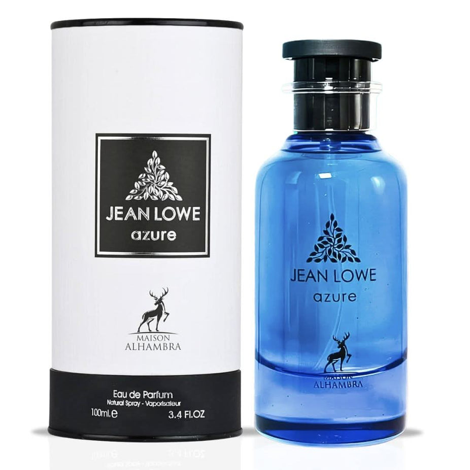 Maison Alhambra Jean Lowe Azure Eau de Parfum spray 100ml bottle with elegant design and floral accents.