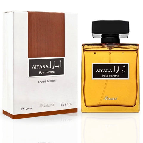 Aiyara Pour Homme EDP spray by Rasasi, 100ML, featuring a luxurious spicy, woody, and sweet masculine fragrance bottle.