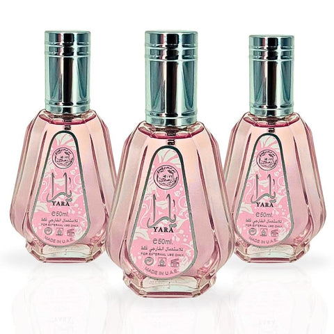 Three bottles of Ard Al Zaafaran Yara Eau de Parfum Spray 50ml in a value pack, showing the perfume bottles with elegant caps.