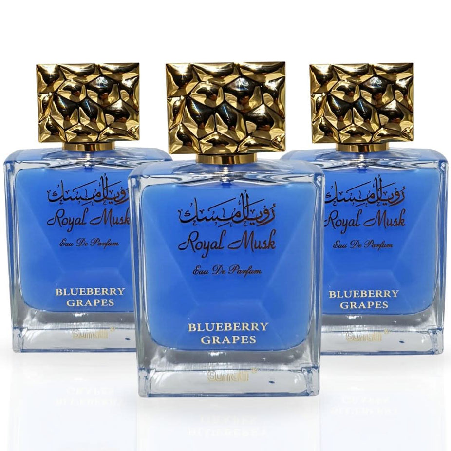 Surrati Royal Musk Blueberry Grapes Eau de Parfum Spray 100ml in a sleek bottle, shown as a value pack of three.