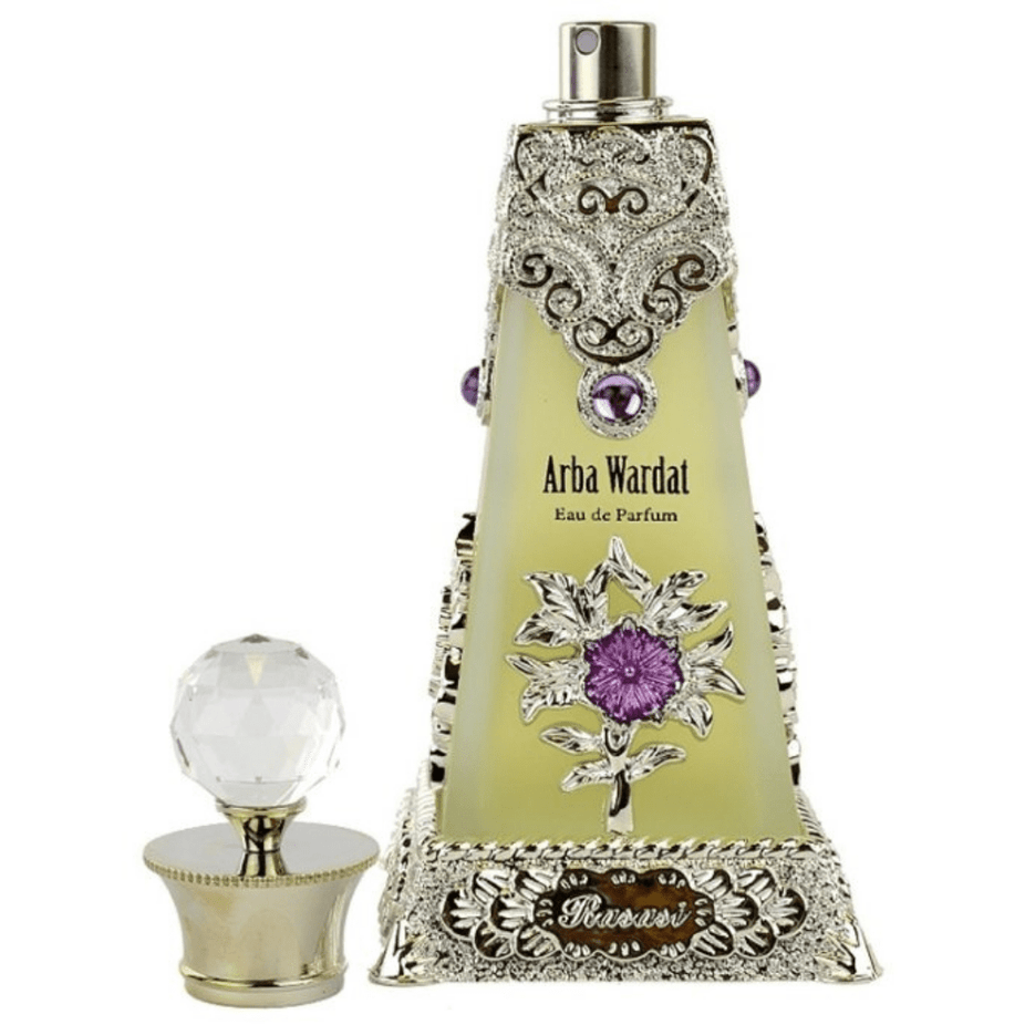 Rasasi Arba Wardat Eau De Parfum 70ml bottle with floral and oriental fragrance design.