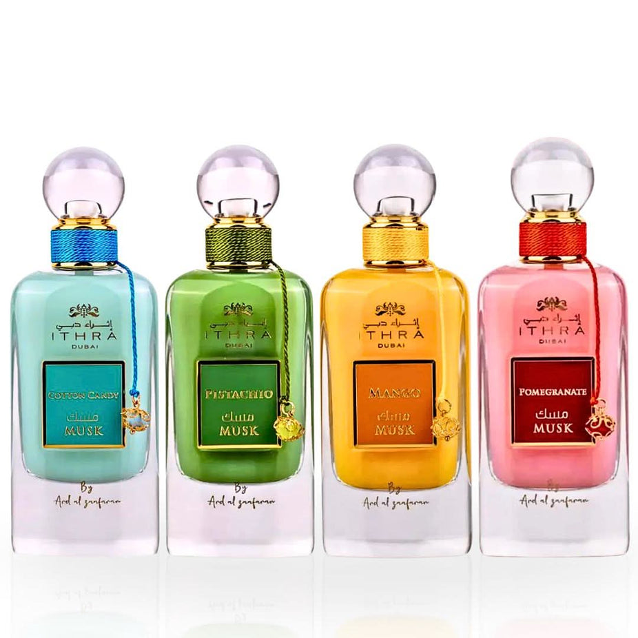Set of four Ard Al Zaafaran Pomegranate Musk, Pistachio Musk, Mango Musk, and Cotton Candy Musk Eau De Parfum sprays, 100ML each.