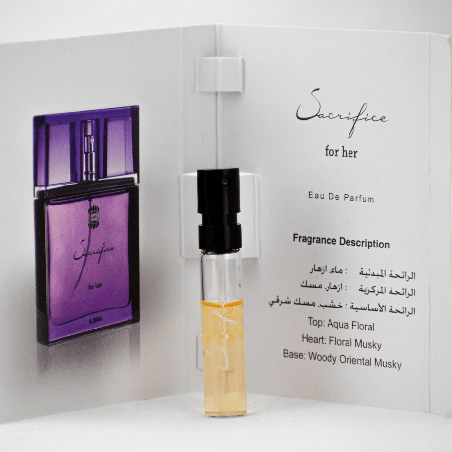 Ajmal Sacrifice EDP sample for women, 1ml bottle, showcasing the small perfume vial with elegant packaging design.