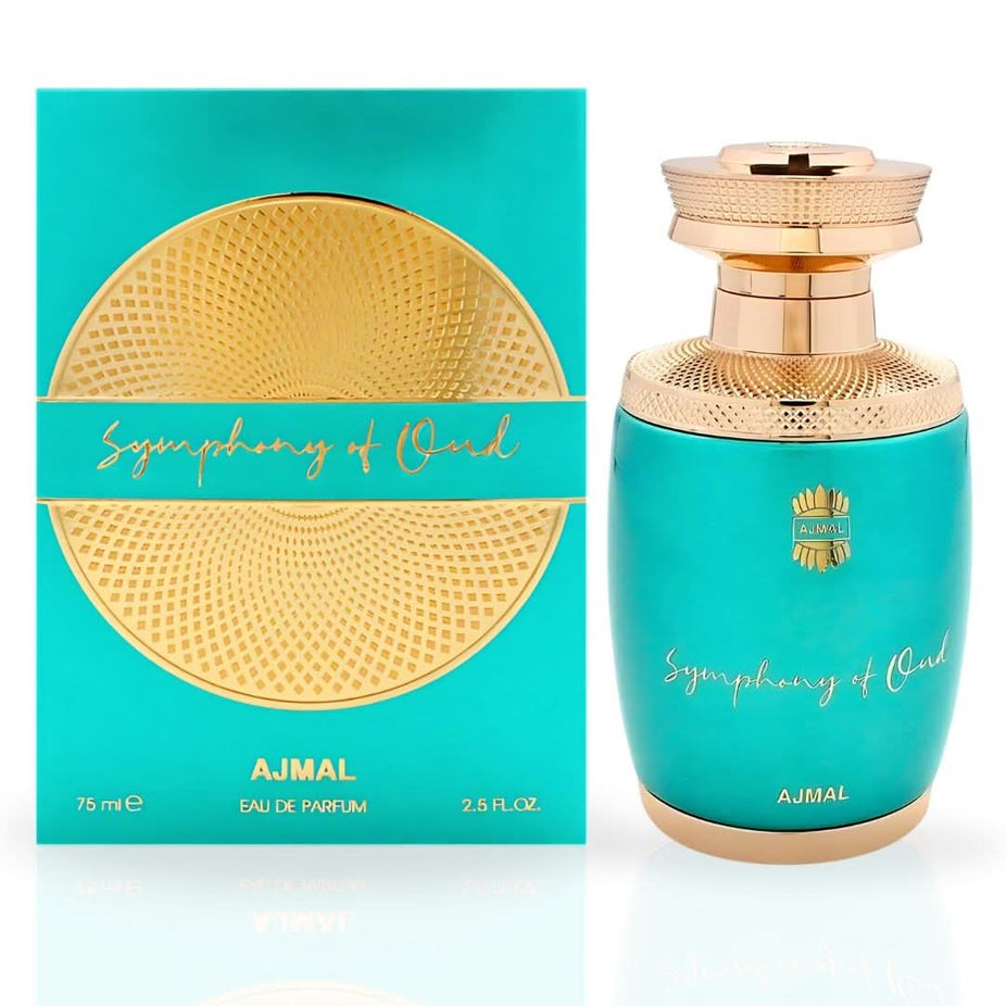 Ajmal Symphony of Oud EDP spray 75ml bottle, showcasing luxurious perfume with elegant packaging and a captivating, divine scent.