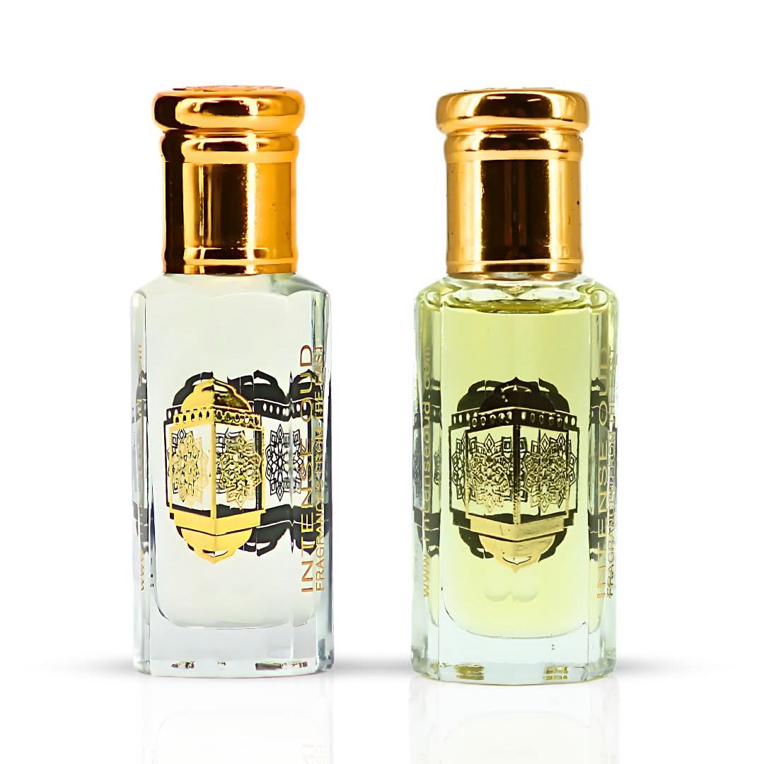 Intense Oud Rouje & Blush perfume oils bundle in black gift box, 12ml, featuring luxurious fragrance bottles.