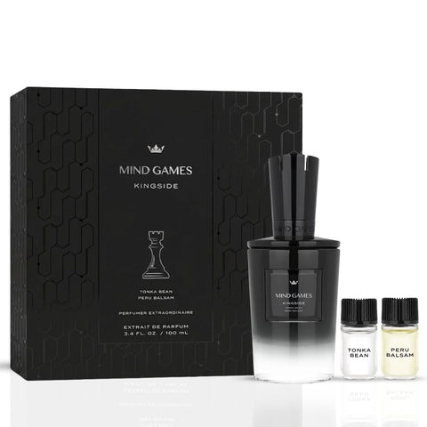 Kingside Extrait de Parfum 100ml by Mind Games, elegant glass bottle of EDP with a sleek design and minimalist label.