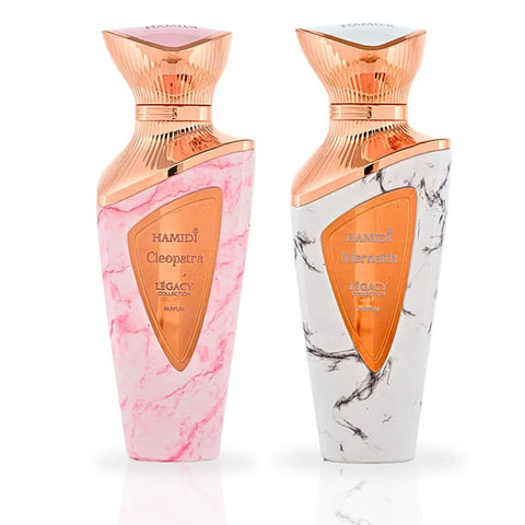Hamidi Legacy Cleopatra and Merneith Eau de Parfum spray bundle, 100ml bottles, elegant packaging, showcasing the perfume sprays.