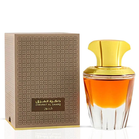 Rasasi Zakerat Al Sharq Kunooz concentrated perfume oil 20ml bottle with elegant packaging and traditional design.