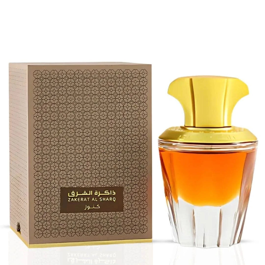 Rasasi Zakerat Al Sharq Kunooz concentrated perfume oil bottle, 20ml, with elegant packaging and clear product label.