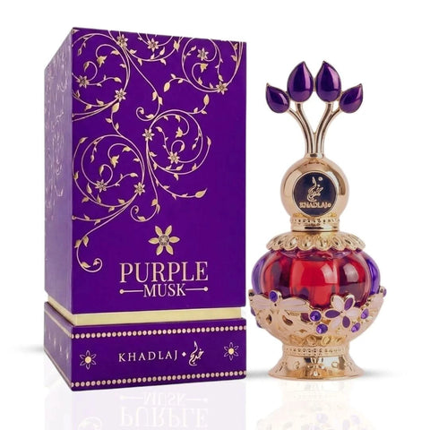 Purple Musk concentrated perfume oil by Khadlaj in a 20ml bottle, featuring a purple-tinted glass container.