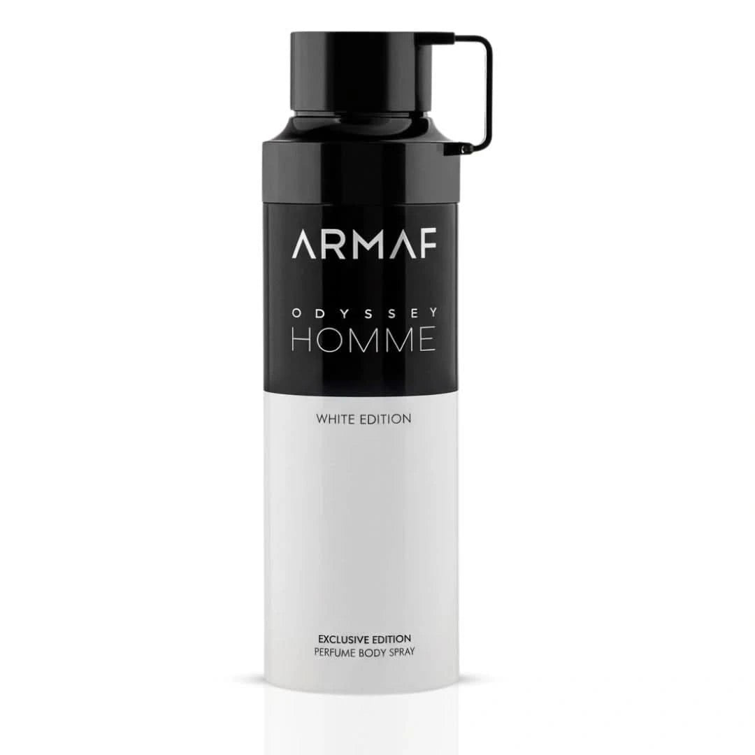 Odyssey Homme White Edition deodorant spray by Armaf, 200ml bottle, featuring a sleek white design and spray nozzle.