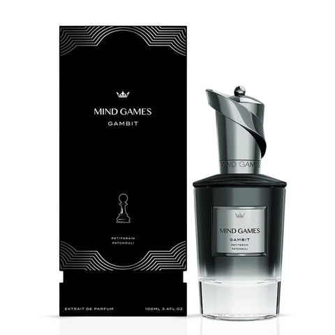 Mind Games Gambit Extrait de Parfum 100ml EDP bottle with sleek design and elegant labeling, showcasing the luxury fragrance container.