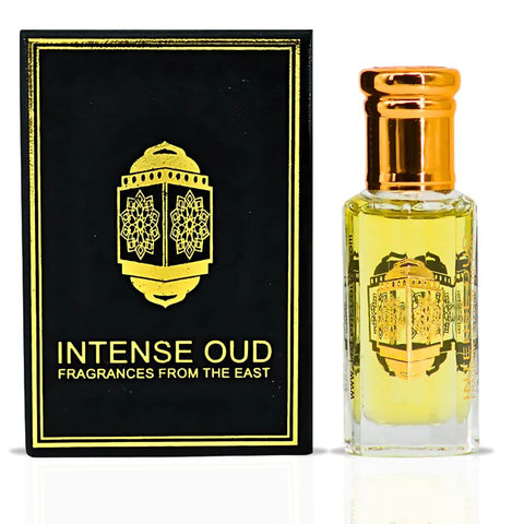 Intense Oud Mukhallat Al Najm perfume oil in 12ml bottle with black gift box, featuring a clear glass container of loose perfume oil.