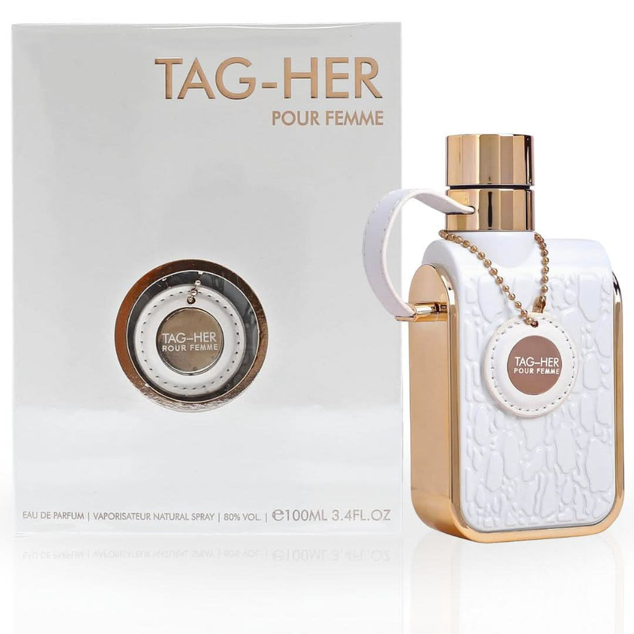 Armaf Tag Her Eau De Parfum spray 100ml bottle, featuring a sleek design, for women’s floral and woody fragrance.
