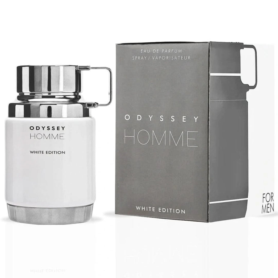Odyssey Homme White Edition Eau de Parfum spray by Armaf, 200ml, featuring sleek white bottle and elegant design.