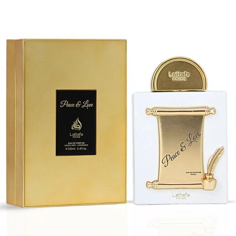 Lattafa Pride Peace & Love Eau de Parfum spray 100ml bottle, elegant packaging with floral and fruity notes visible.