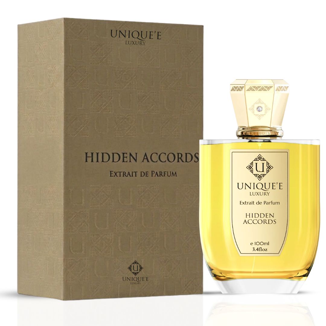 Unique'e Luxury Hidden Accords Extrait de Parfum 100ml bottle, elegant EDP design with luxurious branding.