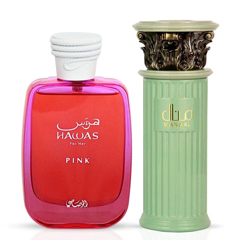 Hawas Pink Eau de Parfum Spray 100ml by Rasasi & Manaal Eau de Parfum Sprays 100ml by Ard Al Zaafaran (Bundle) - Intense Oud