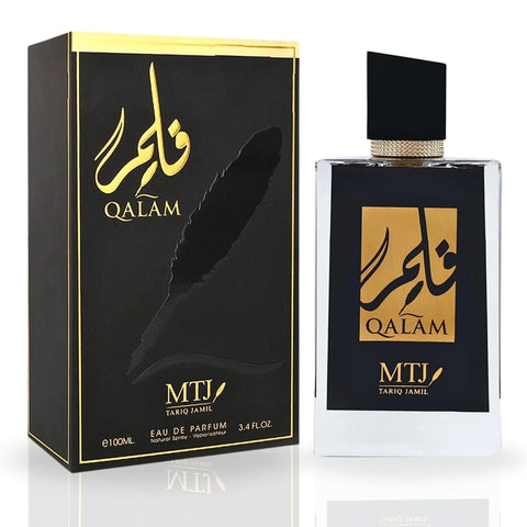 MTJ Qalam EDP Spray 100ML with long-lasting warm spicy, musky, floral unisex scent, shown in a sleek perfume bottle.