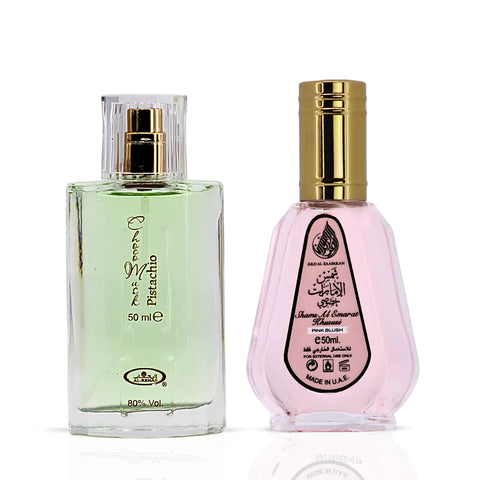 Choco Musk Pistachio Eau de Parfum Spray 50ml (1.65 oz) by Al Rehab & Pink Blush Shams Al Emarat Khususi Eau de Parfum Spray 50ml (1.7 oz) by Ard Al Zaafaran (Bundle)
