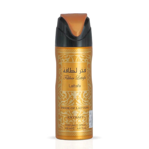 Lattafa Fakhar Gold Extrait Deodorant 200ml spray bottle with gold accents, designed for long-lasting freshness and scent.