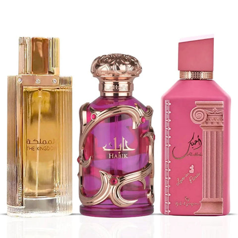 Lattafa Habik Women and Kingdom Women Eau de Parfum sprays, 100ml bundle, featuring floral and oriental fragrances.