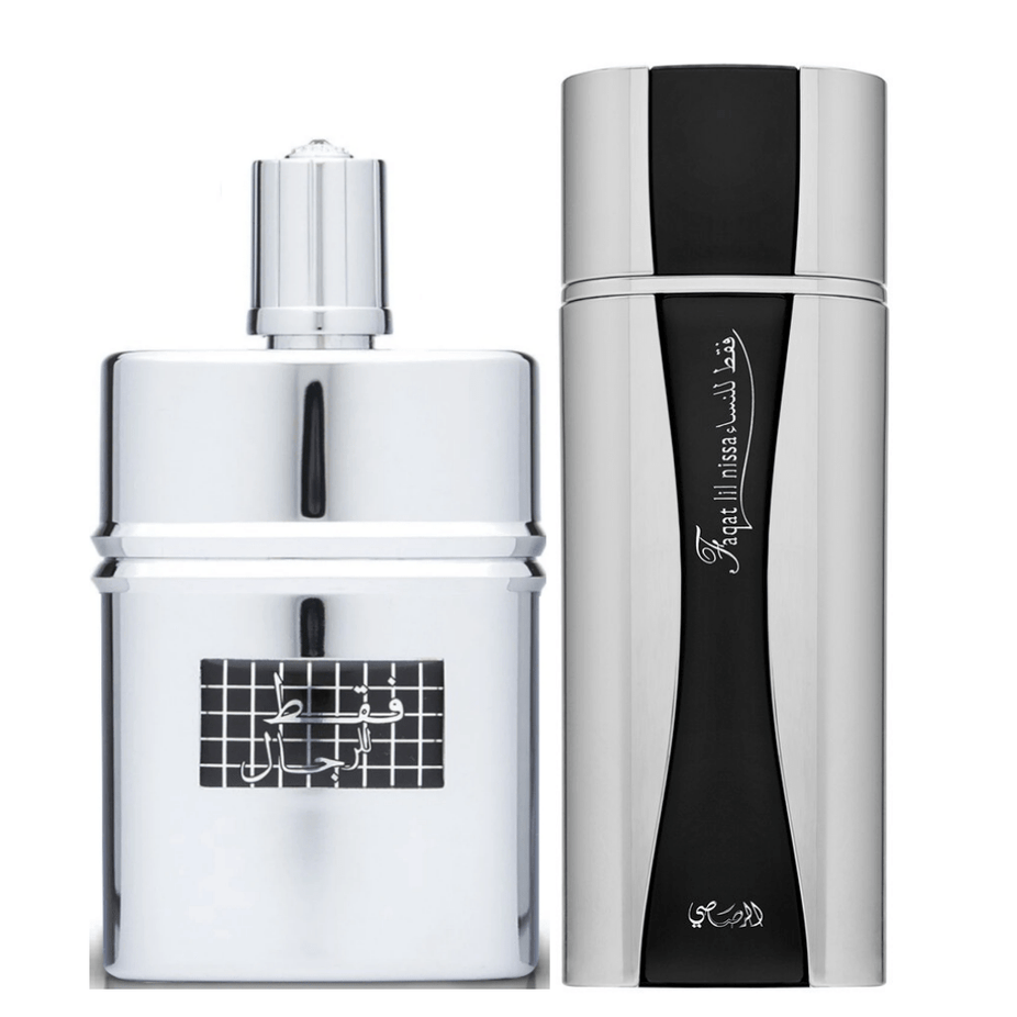 Rasasi Faqat EDP couple perfume set for men and women, 100 ml bottles, elegant packaging with perfume bottles displayed.