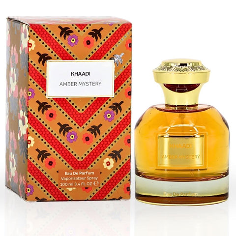 Amber Mystery Eau de Parfum spray by Khaadi, 100ml bottle, elegant packaging with amber-colored liquid visible.