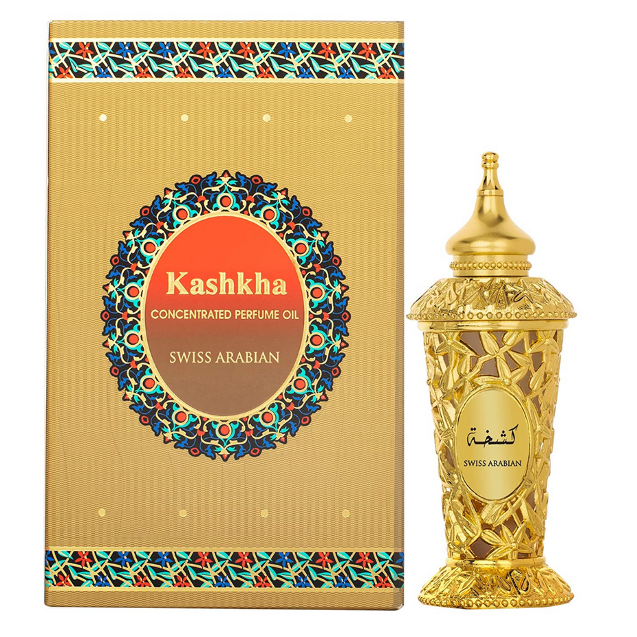 Swiss Arabian Kashkha Perfume Oil in 20ml bottle, concentrated fragrance with elegant packaging and a luxurious scent.