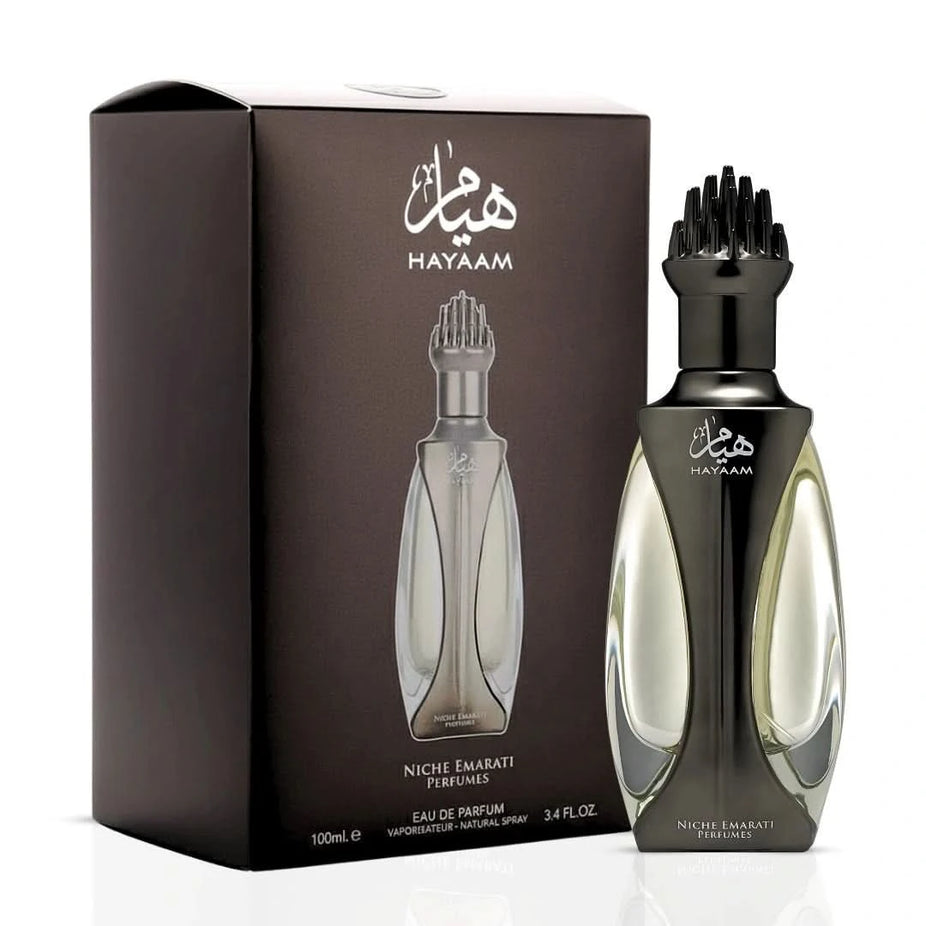 Lattafa Niche Emarati Hayaam Eau de Parfum spray 100ml, elegant bottle showcasing the luxurious fragrance.