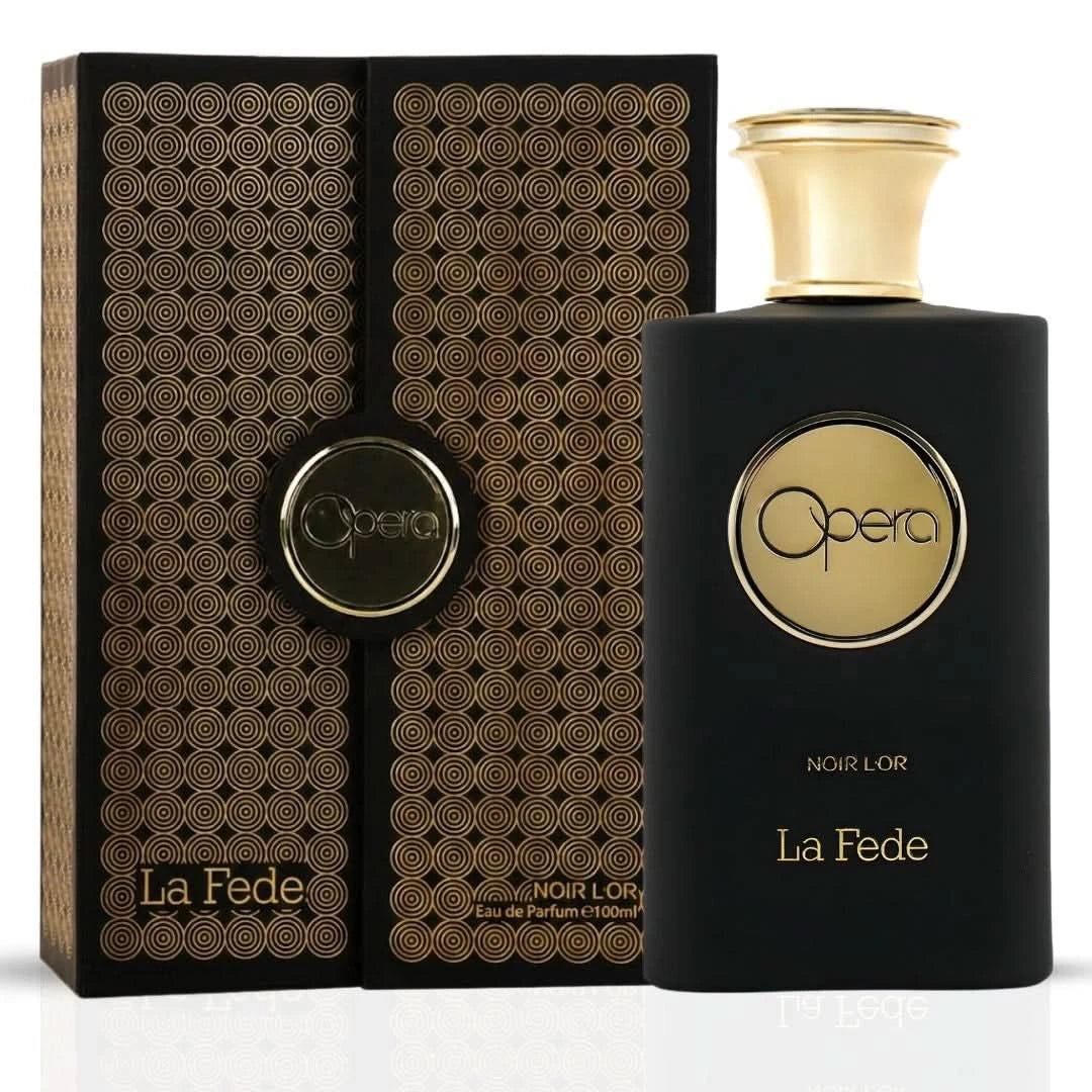Khadlaj La Fede Opera Noir L'Or Eau de Parfum spray 100ml, elegant perfume bottle with black and gold design.