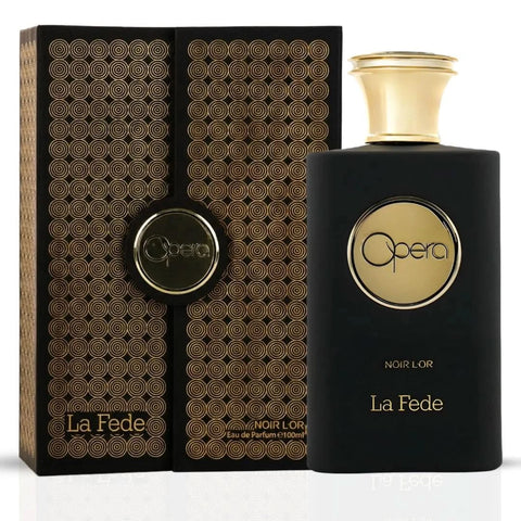 Khadlaj La Fede Opera Noir L'Or Eau de Parfum spray 100ml, elegant perfume bottle with black and gold design.