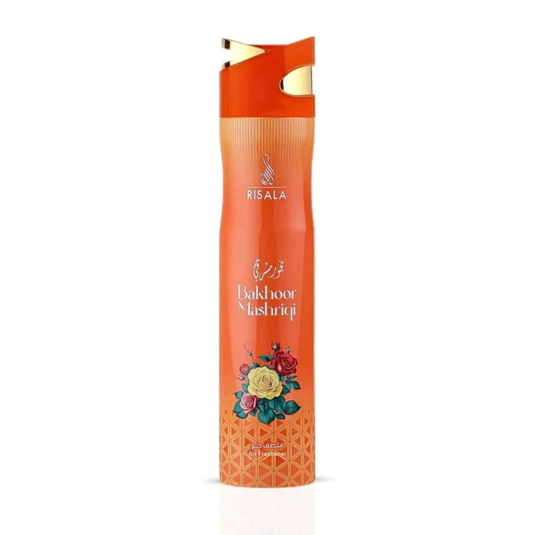 RISALA Bakhoor Mashriqi air freshener in 300ml bottle, featuring a sleek design and fragrant aroma for home freshness.