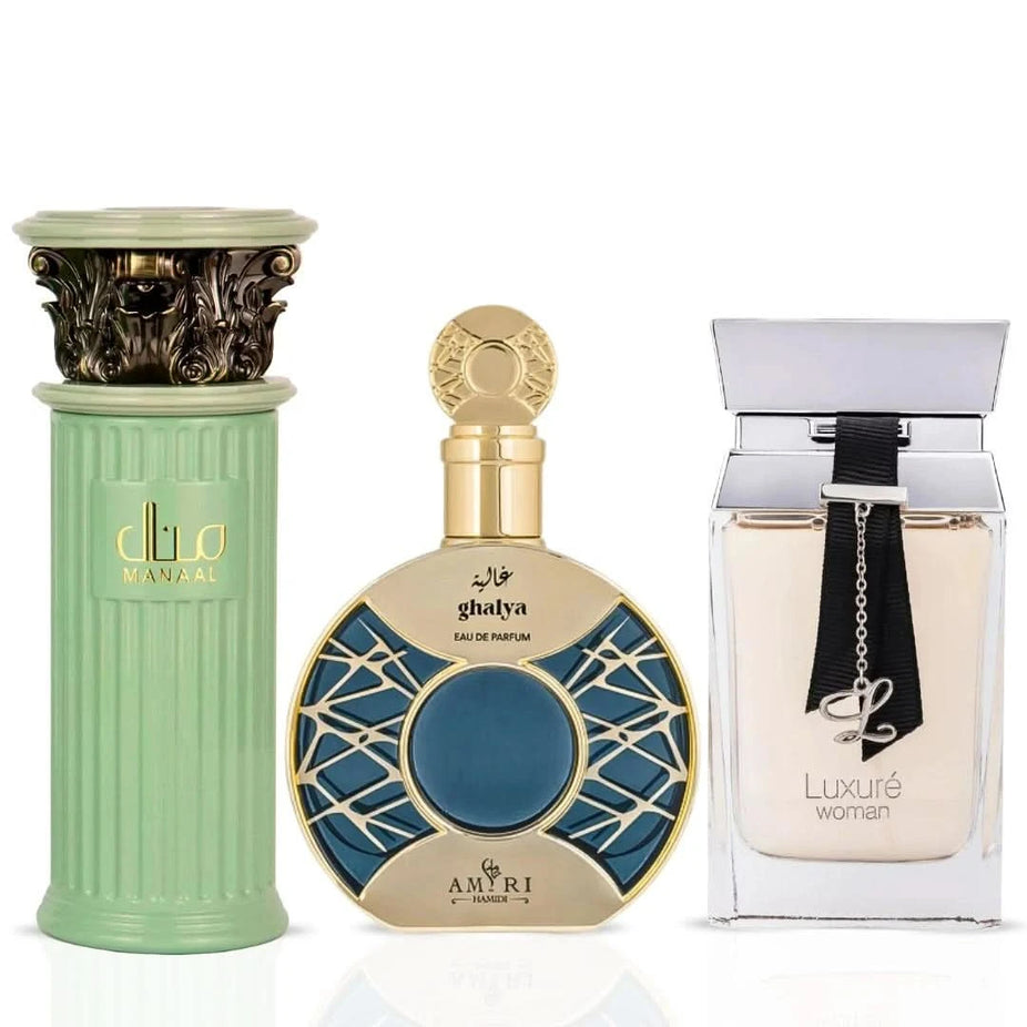 Bundle of 100ml Eau de Parfum sprays including Luxure Woman by Rave, Manaal by Ard Al Zaafaran, and Ghalya by Hamidi by Intense Oud