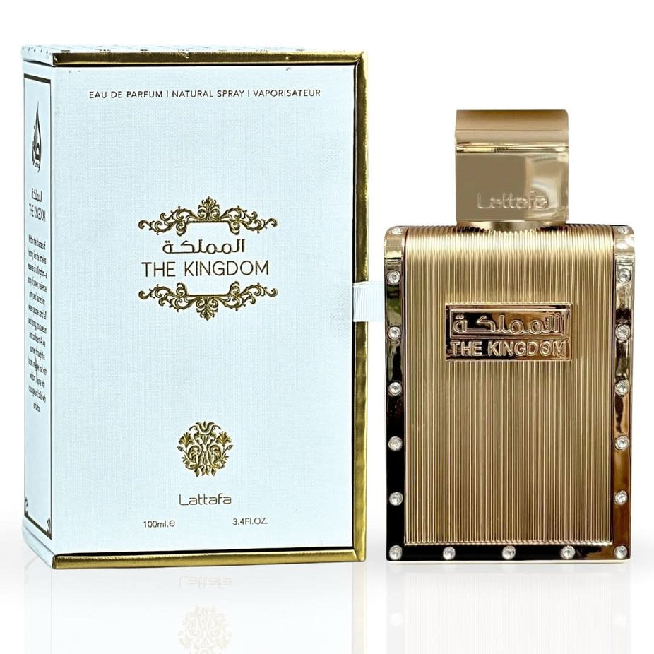 Lattafa The Kingdom for Men Eau De Parfum spray 100ml bottle, featuring sleek design and elegant packaging.