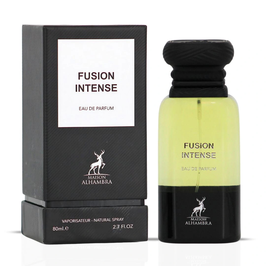 Fusion Intense Eau de Parfum Spray 80ml (2.7 oz) by Maison Alhambra | Creamy Woods, Suede Smoothness, Aromatic Fire - Intense Oud