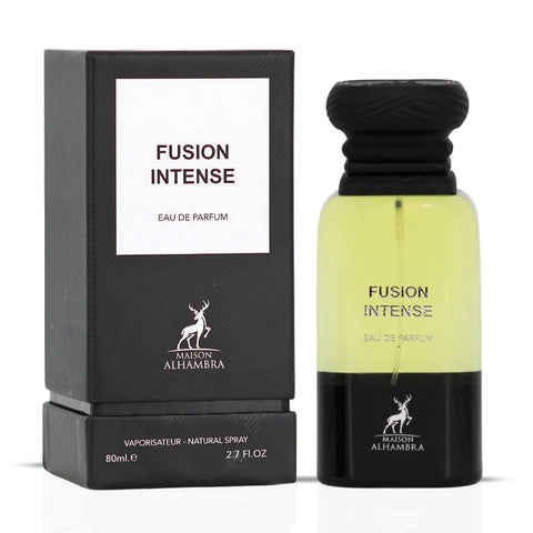 Fusion Intense Eau de Parfum Spray 80ml (2.7 oz) by Maison Alhambra | Creamy Woods, Suede Smoothness, Aromatic Fire - Intense Oud