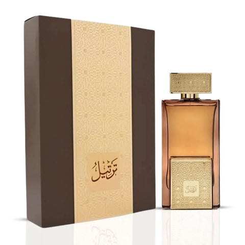 Arabian Oud Tarteel Gold Eau de Parfum spray 75ml, elegant perfume bottle with gold accents and intricate design details.