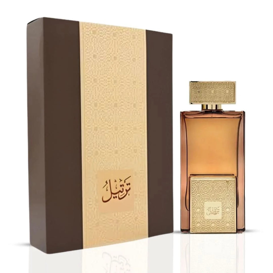 Arabian Oud Tarteel Gold Eau de Parfum spray bottle with gold accents, 75ml, showcasing elegant packaging and design.