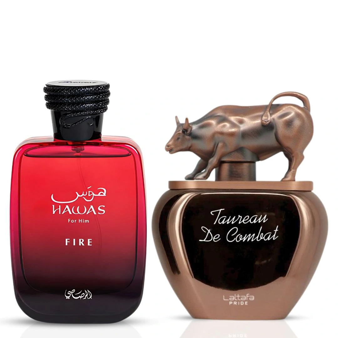 Hawas Fire for Men by Rasasi & Taureau De Combat by Lattafa Pride - Eau de Parfum Sprays 100ml | The Fresh and The Fierce: Redefine Your Presence (Bundle) - Intense Oud