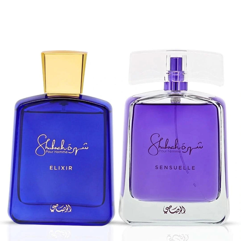 Rasasi Shuhrah Elixir Pour Homme and Shuhrah Sensuelle Pour Femme Eau de Parfum 90ml bundle, with elegant bottles and labels.