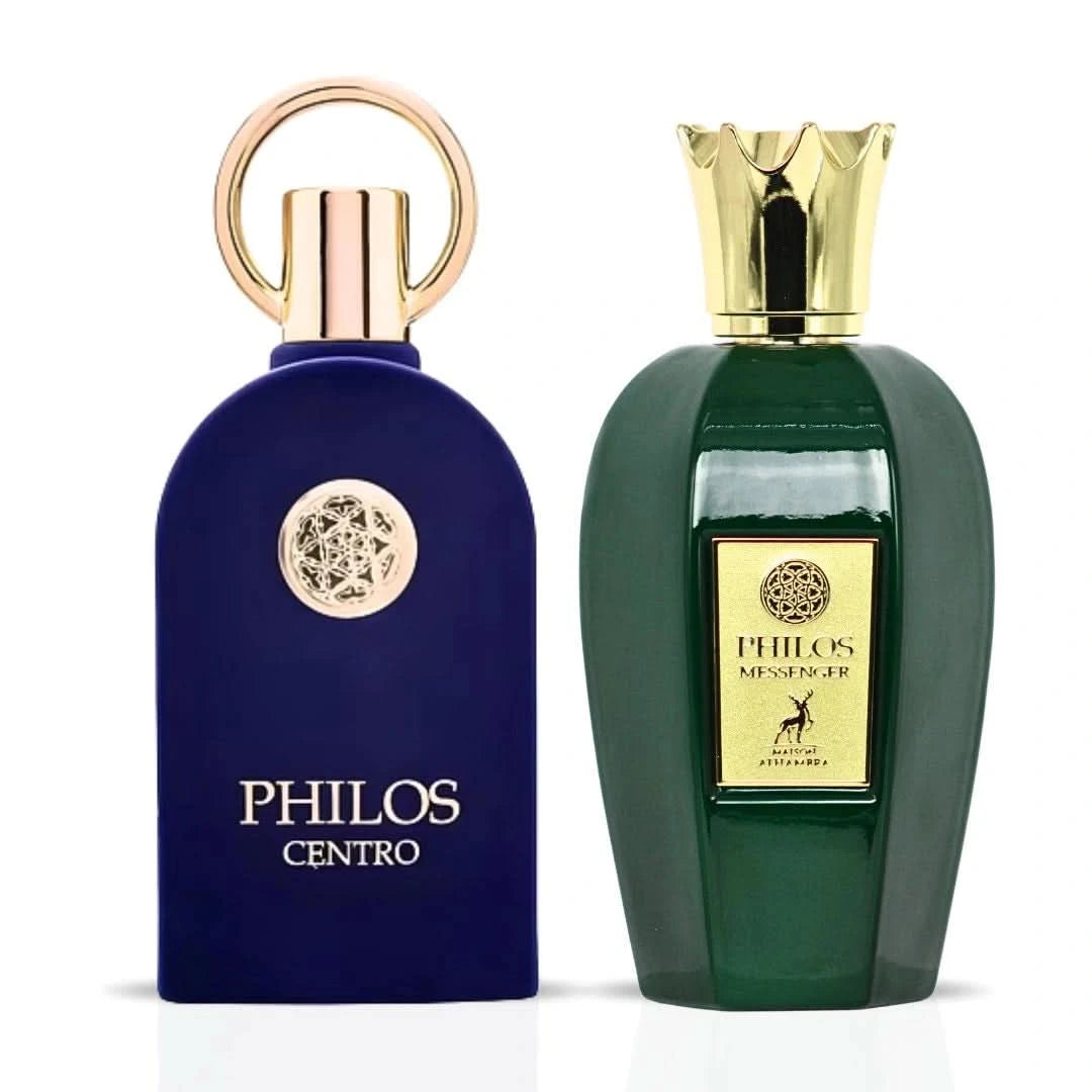 Maison Alhambra Philos Centro and Messenger Eau de Parfum bundle, 100ml sprays, elegant fragrance bottles with sleek design.