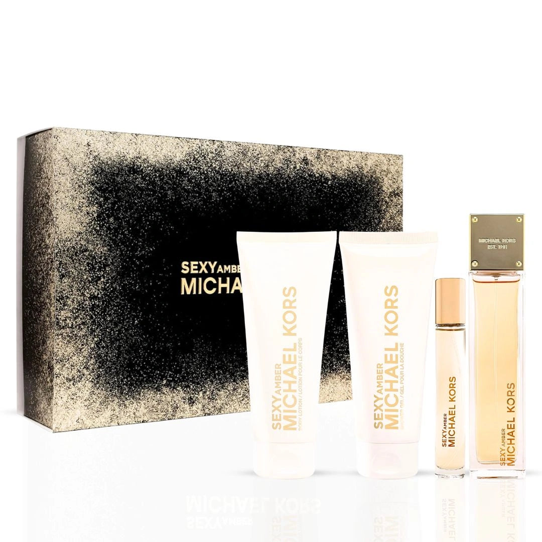 Michael Kors Sexy Amber 4Pc Gift Set (3.4oz EDP Spray, 3.4oz Body Lotion, 3.4oz Shower Gel, 10ml EDP Spray) | Luxurious Amber, Creamy Sandalwood, Soft Jasmine - Intense Oud