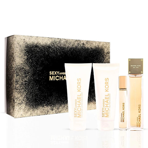 Michael Kors Sexy Amber 4Pc Gift Set (3.4oz EDP Spray, 3.4oz Body Lotion, 3.4oz Shower Gel, 10ml EDP Spray) | Luxurious Amber, Creamy Sandalwood, Soft Jasmine - Intense Oud