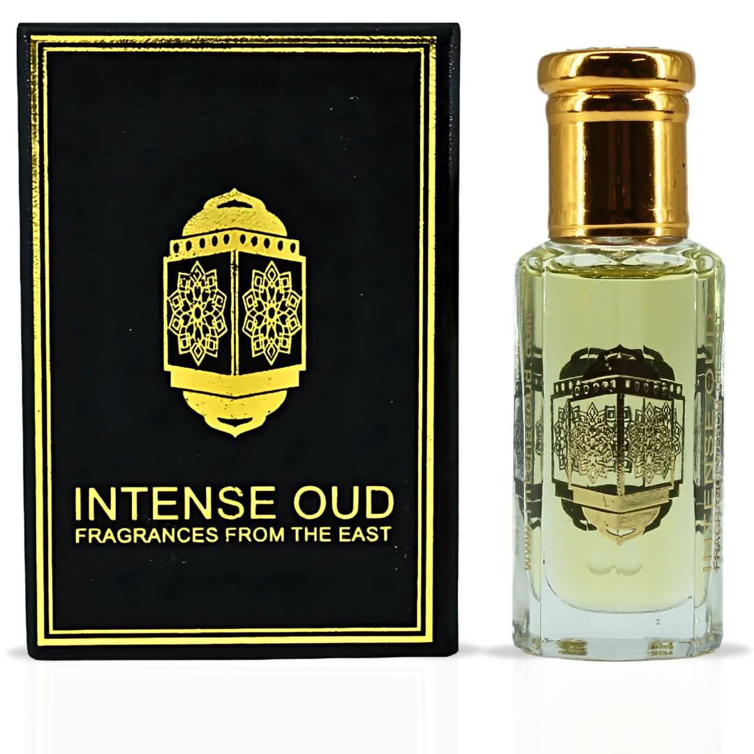 Intense Oud Attar Al Wardat perfume oil in 12ml glass bottle with black gift box, showcasing luxurious loose oil packaging.