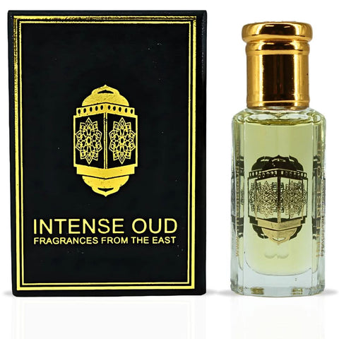 Intense Oud Attar Al Wardat perfume oil in 12ml glass bottle with black gift box, showcasing luxurious loose oil packaging.