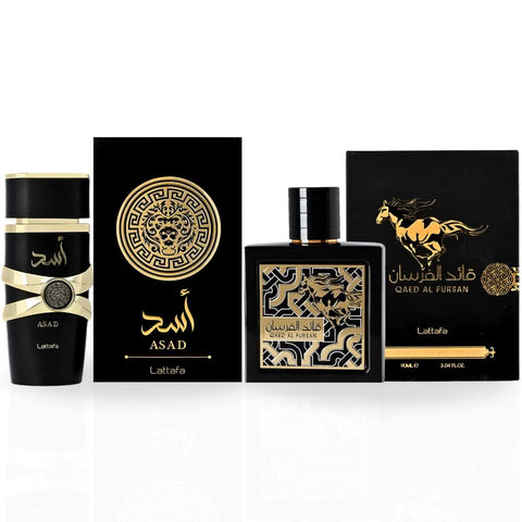 Lattafa Asad 100ml and Qaed Al Fursan 90ml Eau de Parfum spray bundle, featuring elegant glass bottles and branded packaging.