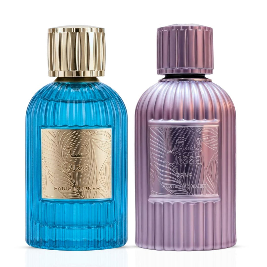Paris Corner Qissa Blue and Qissa Gala Eau de Parfum Spray bundle, 100ml, featuring elegant fragrance bottles.