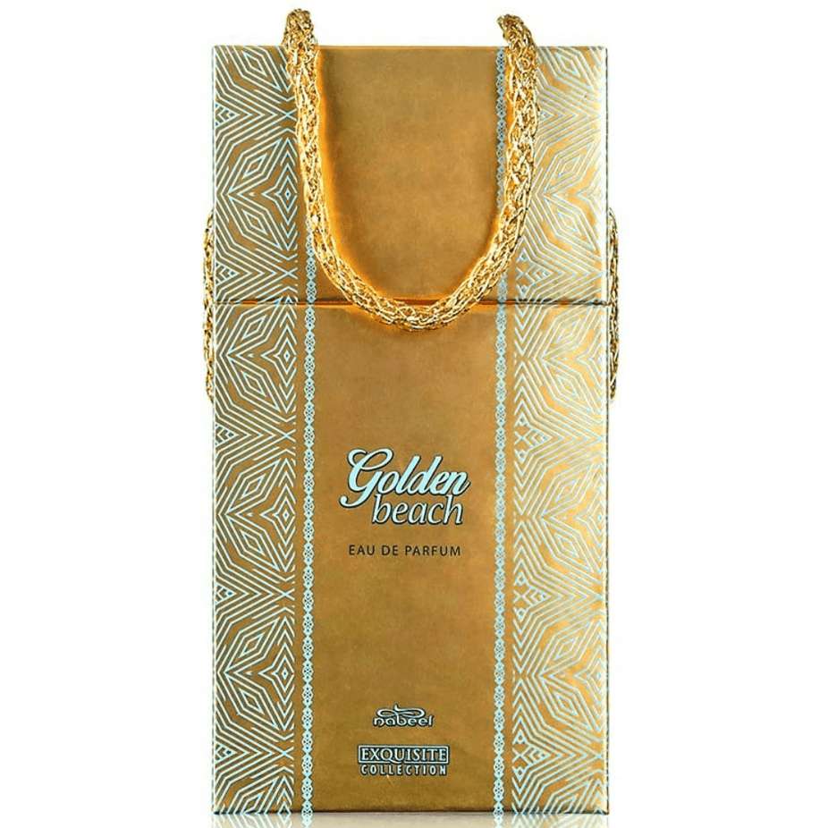 Golden Beach EDP by Nabeel Perfumes, 100ml Eau De Parfum bottle with gold accents and elegant floral design.